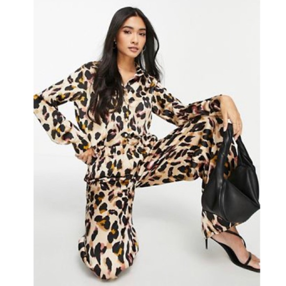 Satin Leopard Print Pants And Button Down Set - image 2